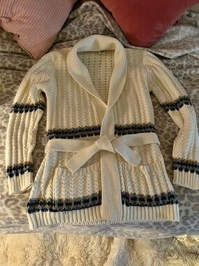 Vintage Cream Shawl-Collar Cardigan with Blk/Blue/Tan Stripes